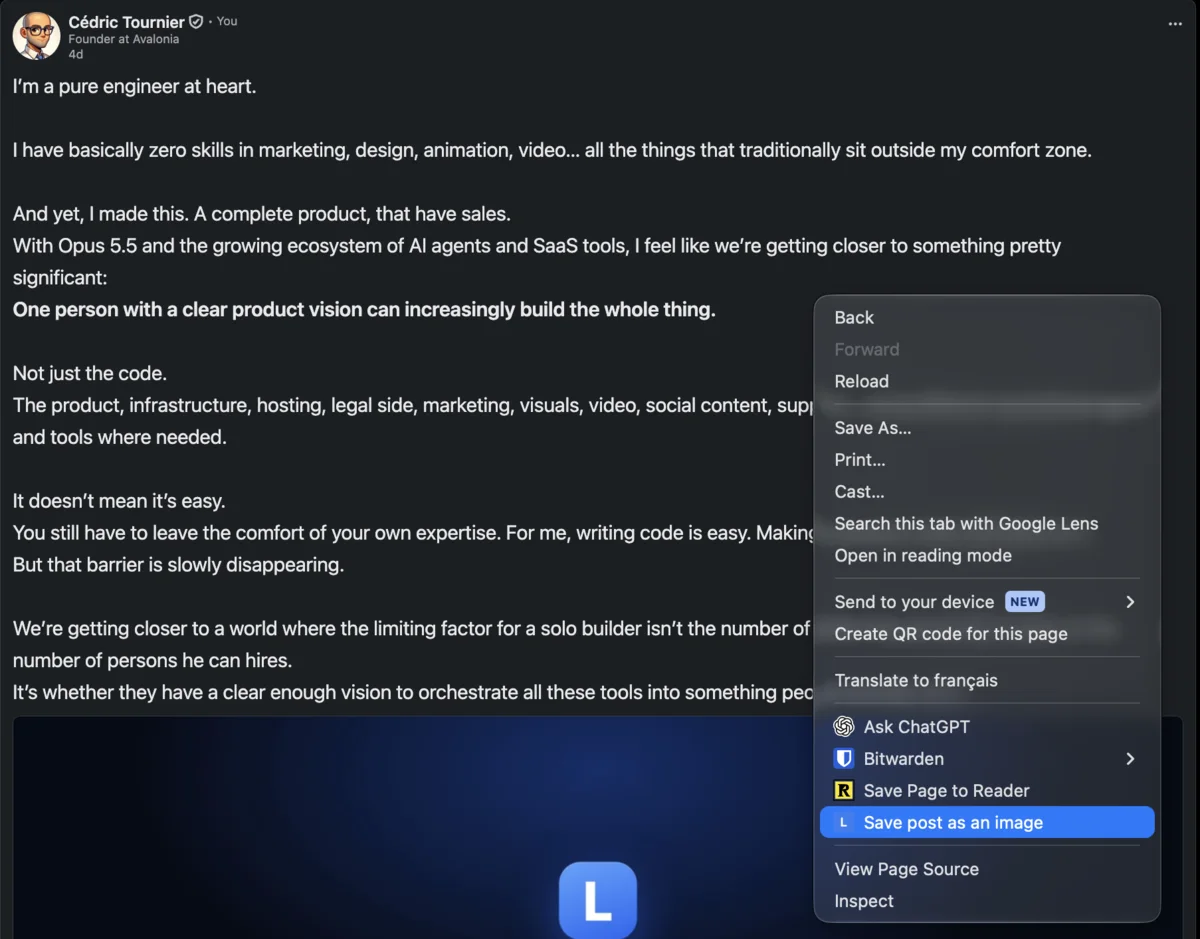 Right-click menu on a LinkedIn post showing the “Save post as an image” item added by LinkFeed Pro