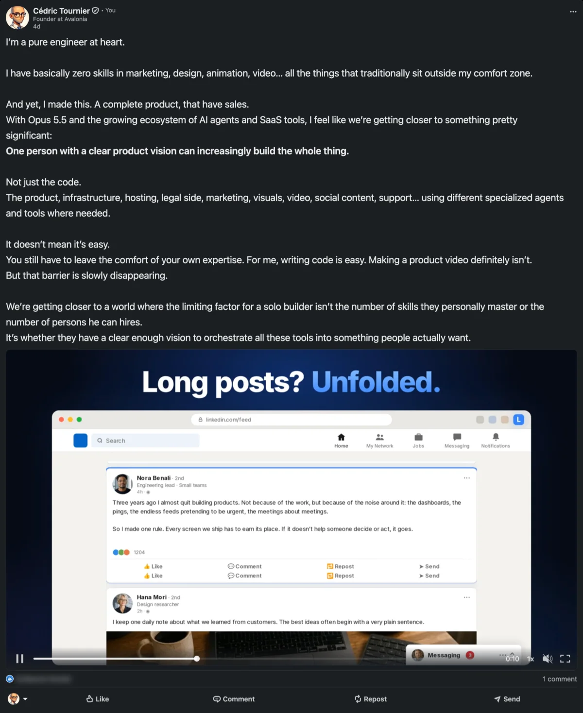 Example of a long LinkedIn post saved as a single PNG image by LinkFeed Pro, from the author header to the reaction bar